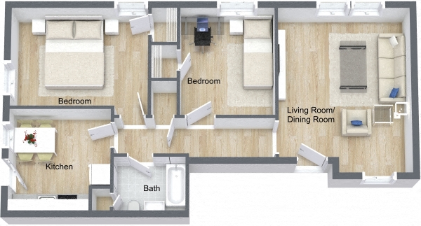 Floor plan for 2 beds, 1 bath, 600 sqft
